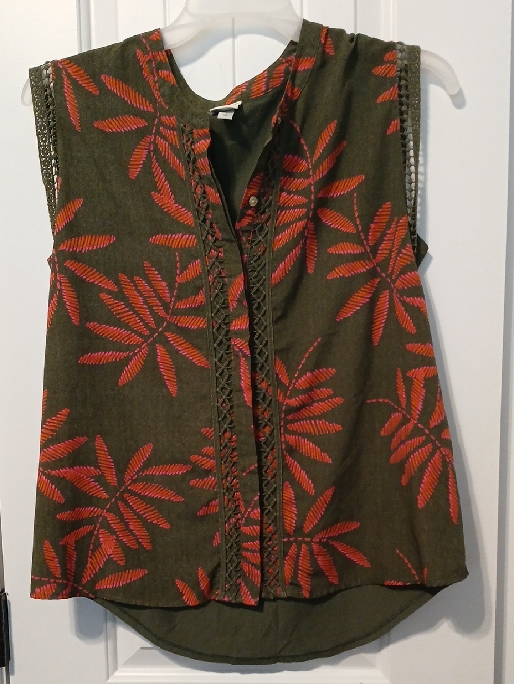 a new day Olive Green Sleeveless Camisole with Coral Leaf Motif